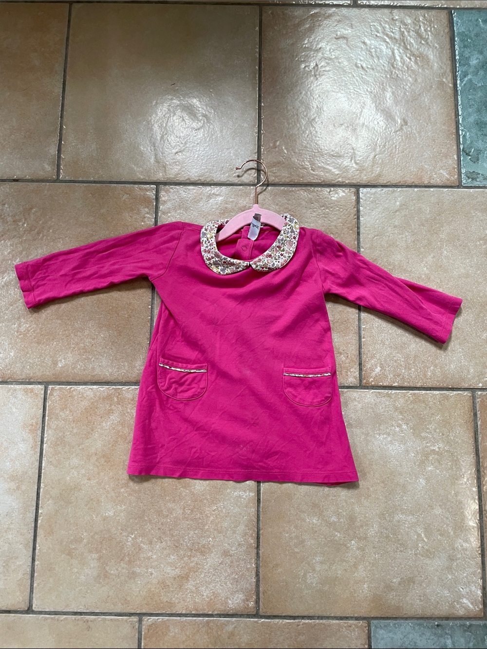 Girls' Pink Long-Sleeve Dress with Floral Peter Pan Collar